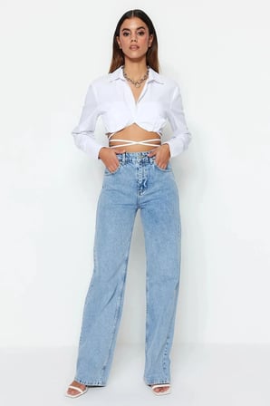 Mavi Kar Yıkama Likralı Kadın Süper Yüksek Bel Bol Paça Denim Kot Palazzo (1 beden büyük alınız)