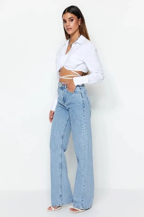 Mavi Kar Yıkama Likralı Kadın Süper Yüksek Bel Bol Paça Denim Kot Palazzo (1 beden büyük alınız)