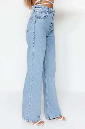 Mavi Kar Yıkama Likralı Kadın Süper Yüksek Bel Bol Paça Denim Kot Palazzo (1 beden büyük alınız)