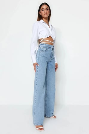 Mavi Kar Yıkama Likralı Kadın Süper Yüksek Bel Bol Paça Denim Kot Palazzo (1 beden büyük alınız)