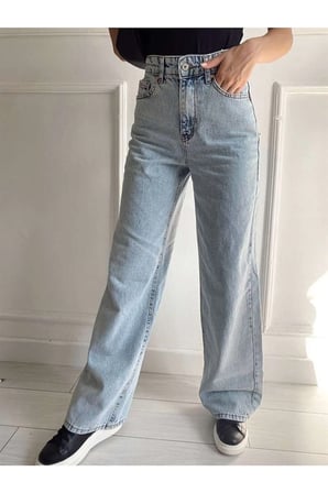 Follow 90's Kar Yıkama Mavi Likralı Süper Yüksek Bel Salaş Jeans Palazzo Pantolon