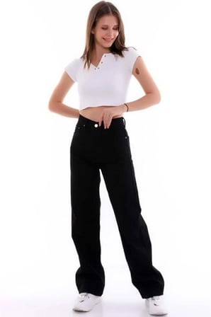 Yüksek Bel Fermuar Kapamalı Cepli Geniş Paça Rahat Kalıp Wide Leg Yıkamalı Denim Jean Kot Pantolon