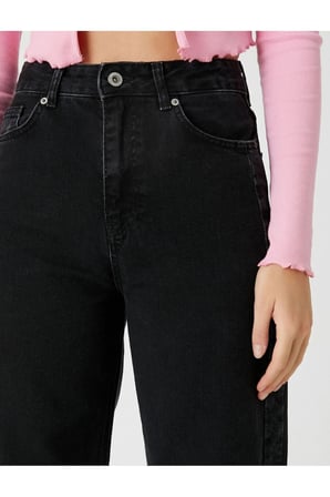 Siyah Likralı Yüksek Bel Wide Leg Salaş Geniş Paça Kot Pantolon 1