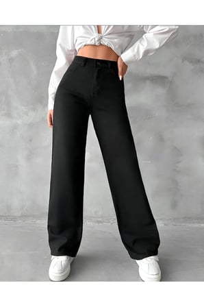 Zero Max Siyah Süper Yüksek Bel Wide Leg Jeans Likralı Salaş Paça Kot Pantolon Siyah Bol Paça