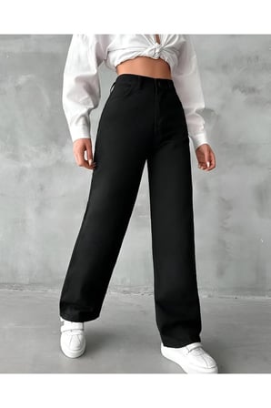 Zero Max Siyah Süper Yüksek Bel Wide Leg Jeans Likralı Salaş Paça Kot Pantolon Siyah Bol Paça