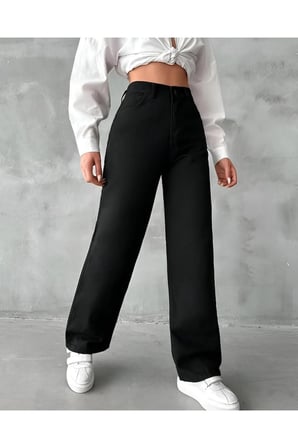 Zero Max Siyah Süper Yüksek Bel Wide Leg Jeans Likralı Salaş Paça Kot Pantolon Siyah Bol Paça