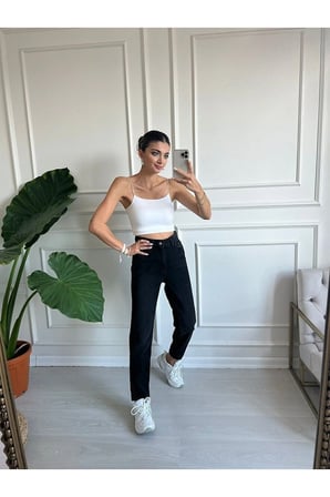 Zero Max Kadın Yüksek Bel Siyah Boyfriend Jeans Likralı Esnek Kot Pantolon