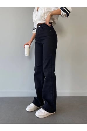 Chriss Kadın Salaş Solmayan Siyah Süper Yüksek Bel 90's Wide Leg Comfort Likralı Palazzo