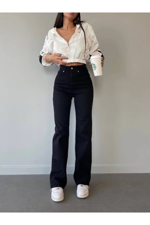 Chriss Kadın Salaş Solmayan Siyah Süper Yüksek Bel 90's Wide Leg Comfort Likralı Palazzo