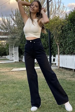 Palazzo Yüksek Bel Fermuarlı Rahat Kalıp Cepli Wide Leg Geniş Paça Yıkamalı Denim Jean Pantolon