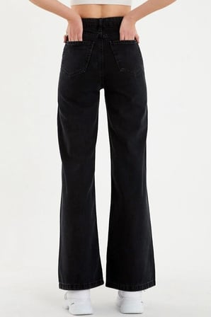 Palazzo Yüksek Bel Fermuarlı Rahat Kalıp Cepli Wide Leg Geniş Paça Kar Yıkamalı Denim Jean Pantolon