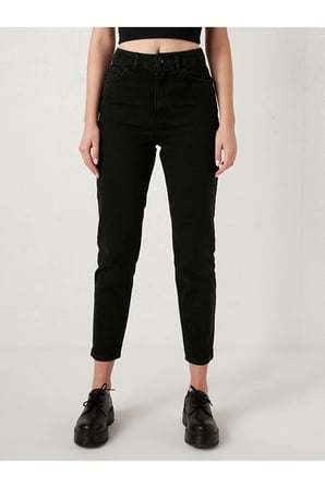 Solmaz Siyah Mom Kot Pantolon Likralı Yüksek Bel Siyah Mom Jeans Ekstra Rahat Black Mom
