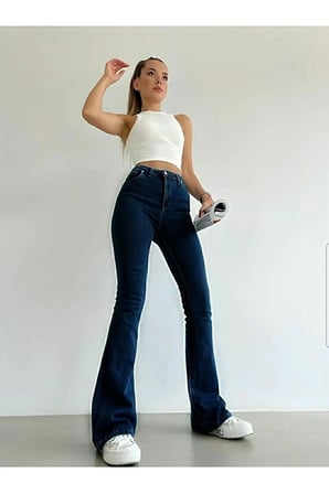 Koyu Mavi Ispanyol Paça Kot Pantolon Yüksek Bel Flare Jeans Toparlayıcı