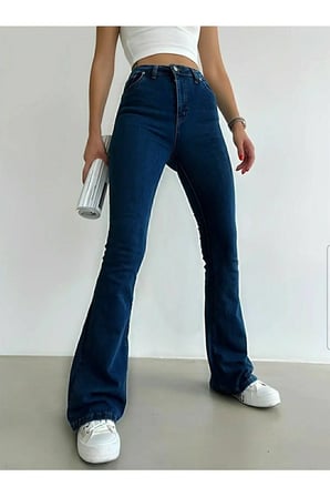 Koyu Mavi Ispanyol Paça Kot Pantolon Yüksek Bel Flare Jeans Toparlayıcı