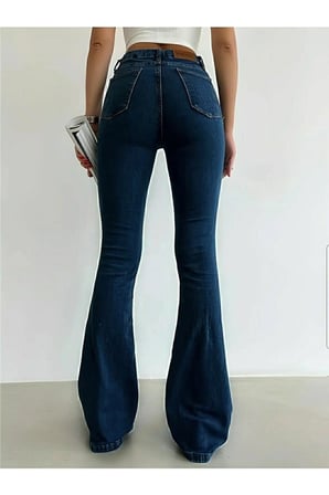 Koyu Mavi Ispanyol Paça Kot Pantolon Yüksek Bel Flare Jeans Toparlayıcı