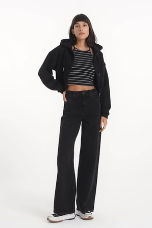 Siyah Likralı Süper Yüksek Bel Salaş Jeans Palazzo Pantolon. (SÜPER YÜKSEK) Wide Leg