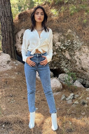 Vit Açık Mavi Mom Jeans Likralı Yüksek Bel Mavi Kar Yıkamalı Mom Kot Pantolon 2024
