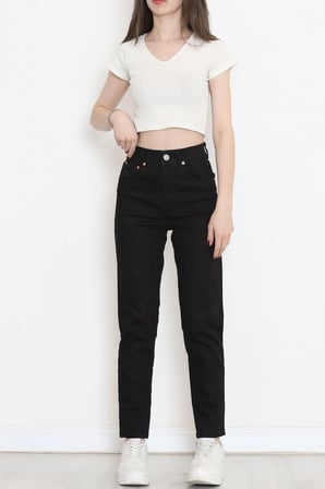 Kadın Yüksek Bel Likralı Boru Paça Mom Jean Boyfriend Kot Pantolon Siyah - 1822