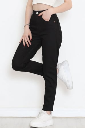 Kadın Yüksek Bel Likralı Boru Paça Mom Jean Boyfriend Kot Pantolon Siyah - 1822