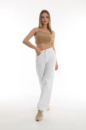 Aida Yüksek Bel Boyfriend Salaş Jean Bol Paça Kadın Beyaz Kot Pantolon (BİR BEDEN BÜYÜK ALINIZ)