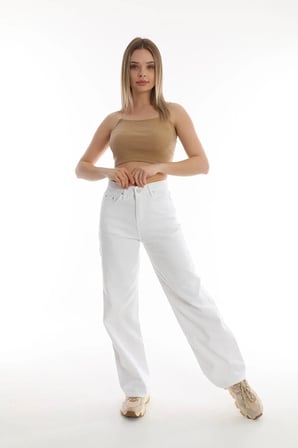 Aida Yüksek Bel Boyfriend Salaş Jean Bol Paça Kadın Beyaz Kot Pantolon (BİR BEDEN BÜYÜK ALINIZ)