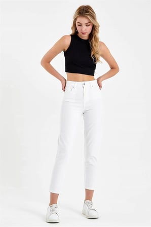 Kadın Yüksek Bel Beyaz Boyfriend Jeans Likralı Esnek Kot Pantolon 2024