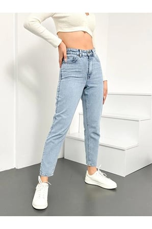 Buz Mavi Kar Yıkama Mom Jeans Likralı Yüksek Bel Kot Pantolon2024