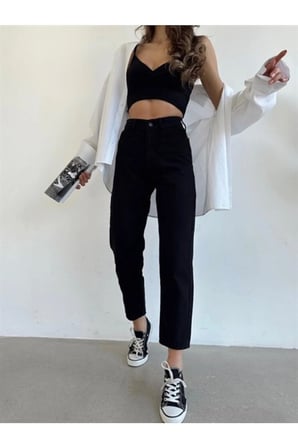 Siyah Solmaz Mom Jean Kadın Boyfriend Yüksek Bel Power Likra