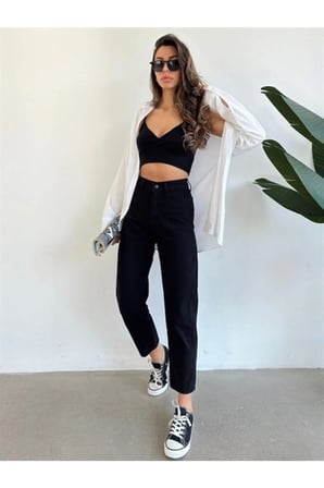 Siyah Solmaz Mom Jean Kadın Boyfriend Yüksek Bel Power Likra