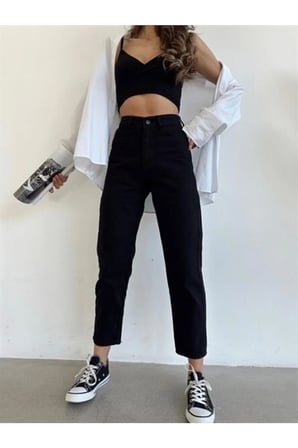 Siyah Solmaz Mom Jean Kadın Boyfriend Yüksek Bel Power Likra