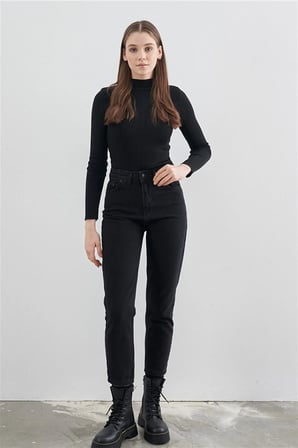 Isabella Zero Max Kadın Süper Yüksek Bel Siyah Mom Jeans Likralı Esnek Kot Pantolon