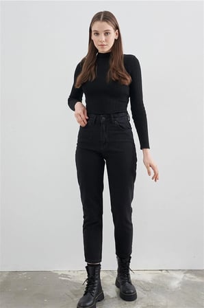 Isabella Zero Max Kadın Süper Yüksek Bel Siyah Mom Jeans Likralı Esnek Kot Pantolon