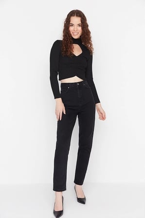 Kadın Solmayan Siyah Süper Yüksek Bel Comfort Likralı Mom Kot Pantolon Jeans