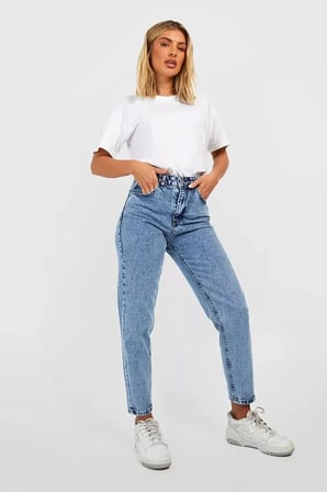 Kadın Brooklyn Mavi Kar Yıkama Yüksek Bel Beş Cepli Likralı Mom Jean Pantolon