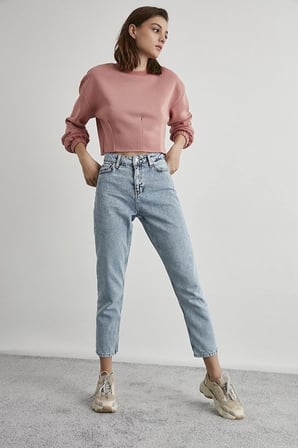 Mavi Yüksek Bel Mom Jeans Likralı Esnek Kot Pantolon