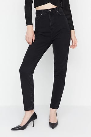 Kadın Solmayan Siyah Süper Yüksek Bel Comfort Likralı Mom Kot Pantolon Jeans (TAM KALIPTIR)jean
