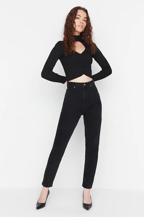 Kadın Solmayan Siyah Süper Yüksek Bel Comfort Likralı Mom Kot Pantolon Jeans (TAM KALIPTIR)jean