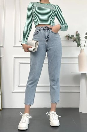 Kadın Kar Yıkama Mavi Yüksek Bel Yumuşak Dokunuşlu Rahat Kesim Mom Jean 2024