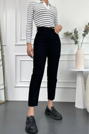 Kadın Siyah Yüksek Bel Comfort Likra Mom Pantolon-Siyah 2024