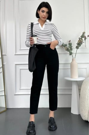 Kadın Siyah Yüksek Bel Comfort Likra Mom Pantolon-Siyah 2024