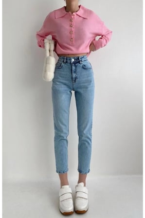 Mom Jeans Orta Mavi Mom Yüksek Bel Kot Pantolon Likralı Solmaz Ekstra 2024