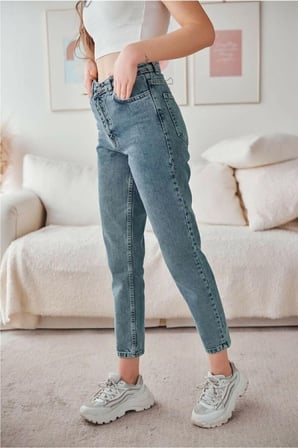 Yüksek Bel Mavi Mom Jeans Kar Yıkama Likralı Mom Jeans(1 beden büyük alınız)