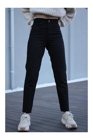 Yüksek Bel Siyah Mom Jeans Power Likralı Esnek Kot Pantolon ( 1 Beden Küçük Alın )