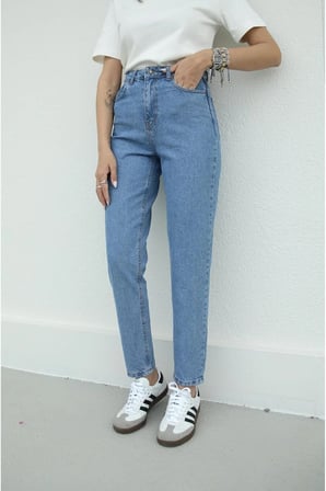 MR Yüksek Bel Likralı Mavi Kar Yıkama Boyfriend Jeans Esnek Mom Kot Pantolon