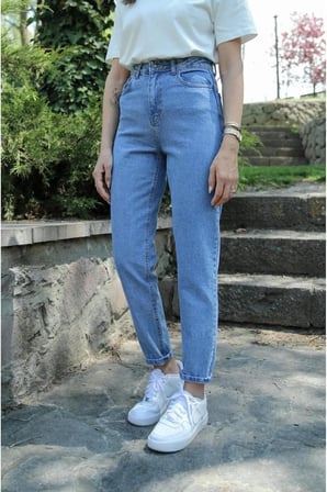 MR Yüksek Bel Likralı Mavi Kar Yıkama Boyfriend Jeans Esnek Mom Kot Pantolon