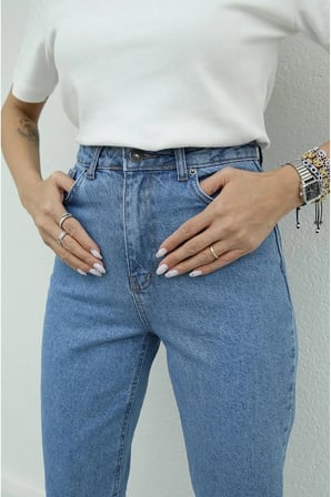 MR Yüksek Bel Likralı Mavi Kar Yıkama Boyfriend Jeans Esnek Mom Kot Pantolon