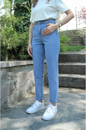 MR Yüksek Bel Likralı Mavi Kar Yıkama Boyfriend Jeans Esnek Mom Kot Pantolon