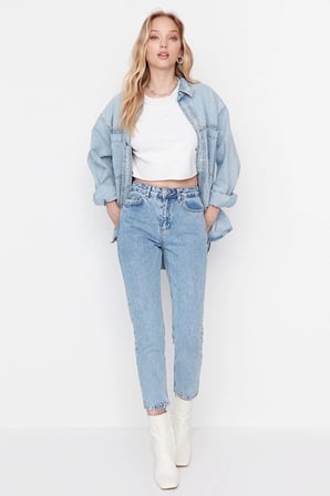 Kadın Kar Yıkama Mom Açık Mavi Yüksek Bel Boyfriend Jean