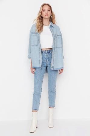 Kadın Kar Yıkama Mom Açık Mavi Yüksek Bel Boyfriend Jean