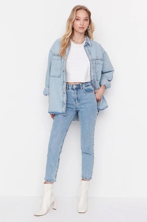 Kadın Kar Yıkama Mom Açık Mavi Yüksek Bel Boyfriend Jean
